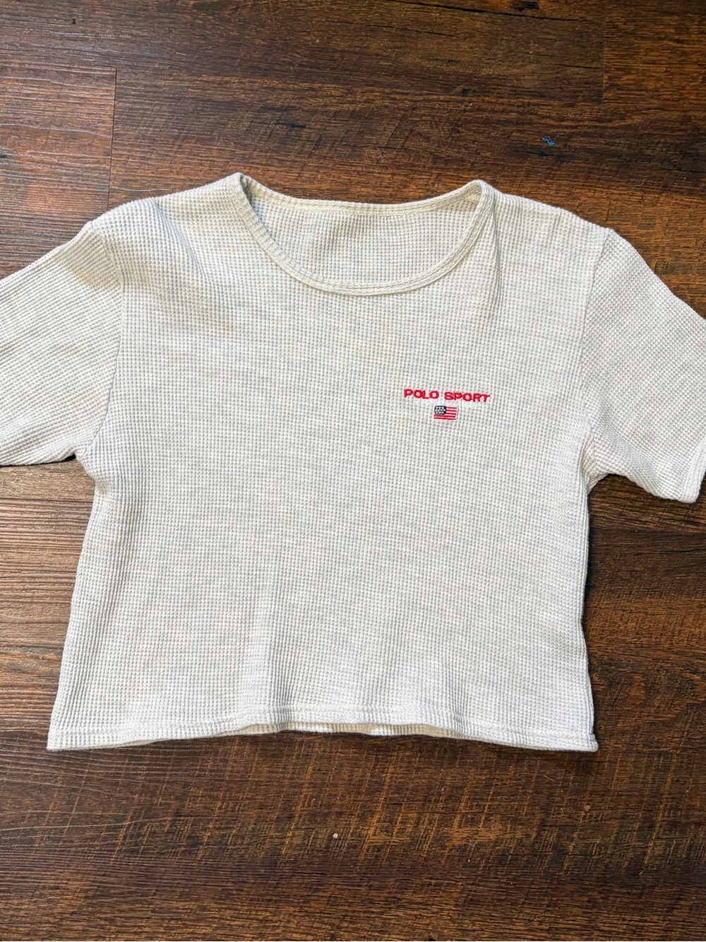 VTG Polo Sport Cream Waffle Knit Crop Tee with Red Logo